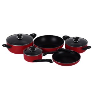 Cookline Pressed Aluminum Nonstick Cookware Set – 15 PCS – Red Shiny Exterior with Induction Bottom