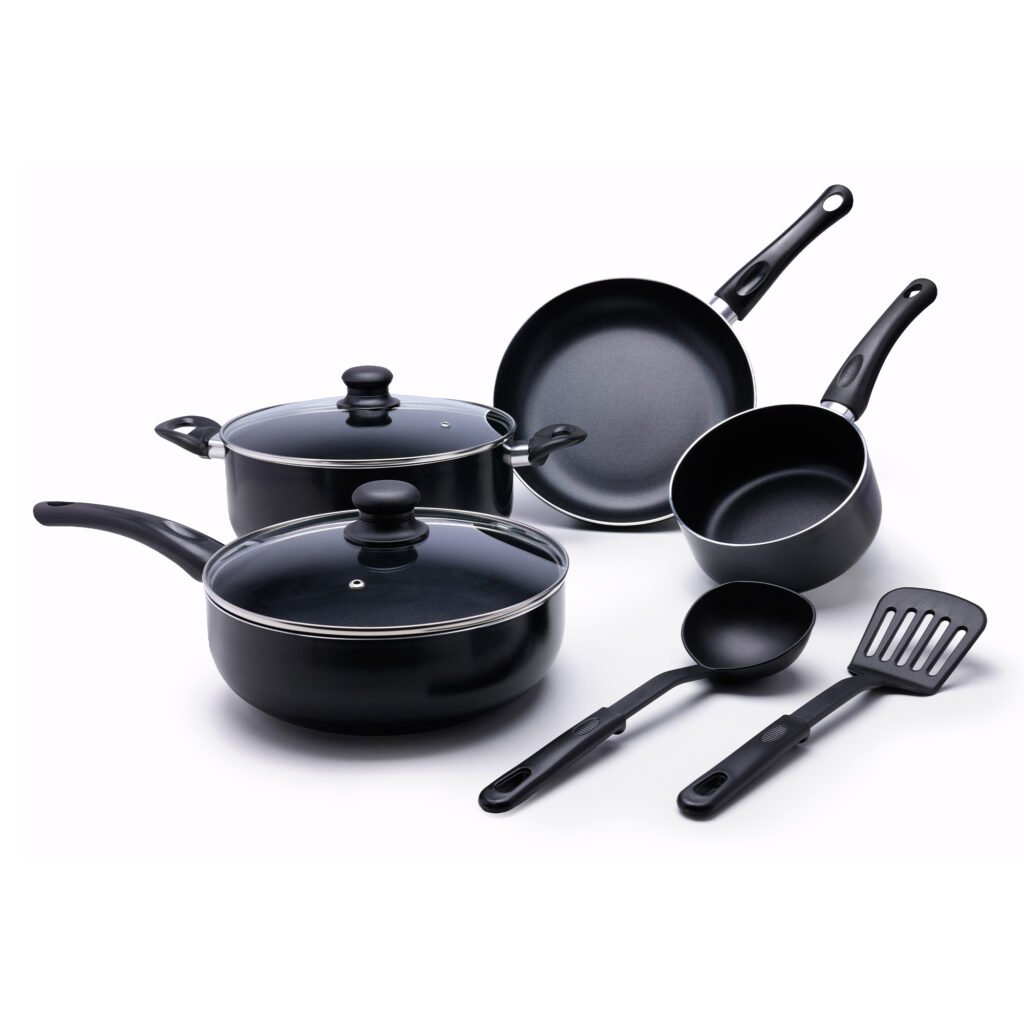 COOKLINE Pressed Aluminum Nonstick Cookware Set 8 PCS, Black with Shiny Finish & Induction Bottom